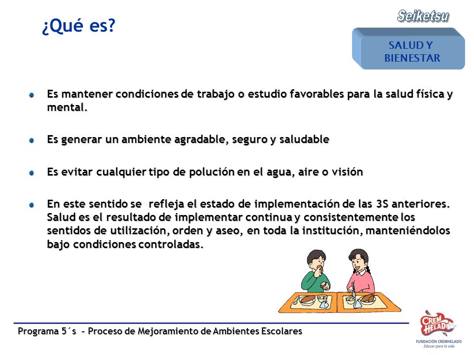 Seiketsu ¿Qué es SALUD Y. BIENESTAR. Es mantener condiciones de trabajo o estudio favorables para la salud física y mental.