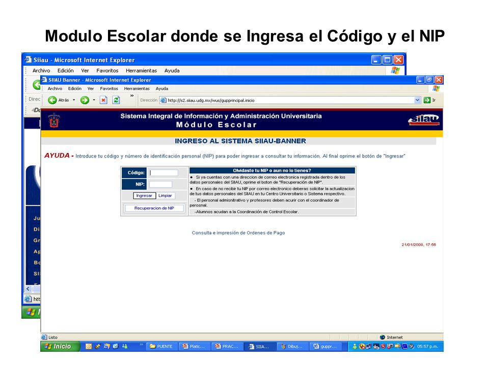 Modulo Escolar donde se Ingresa el Código y el NIP