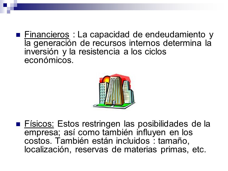 Financieros : La capacidad de endeudamiento y la generación de recursos internos determina la inversión y la resistencia a los ciclos económicos.
