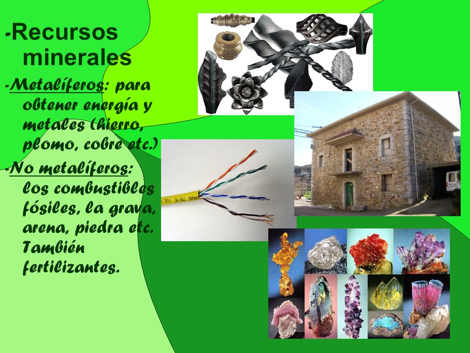 -Recursos minerales -Metalíferos: para obtener energía y metales (hierro, plomo, cobre etc.)