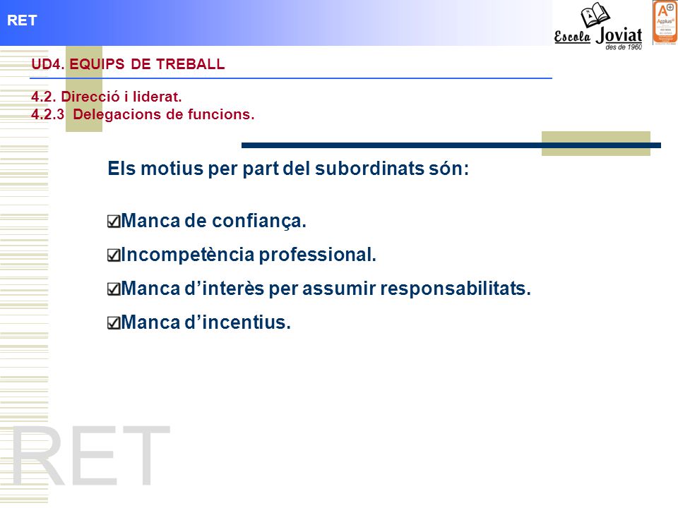 RET Els motius per part del subordinats són: Manca de confiança.