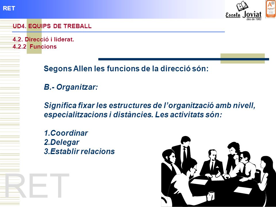 RET Segons Allen les funcions de la direcció són: B.- Organitzar:
