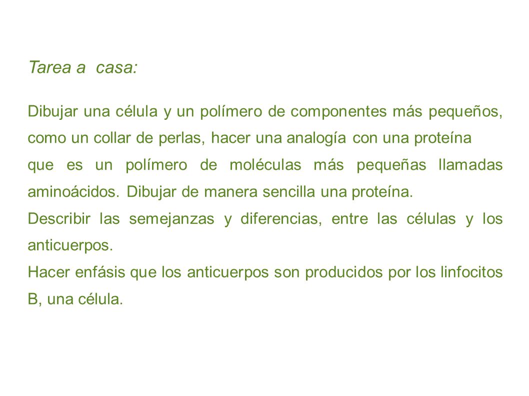 Tarea a casa: Dibujar una célula y un polímero de componentes más pequeños, como un collar de perlas, hacer una analogía con una proteína.