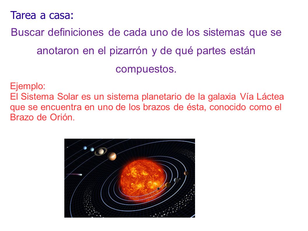 Tarea a casa: Buscar definiciones de cada uno de los sistemas que se anotaron en el pizarrón y de qué partes están compuestos.