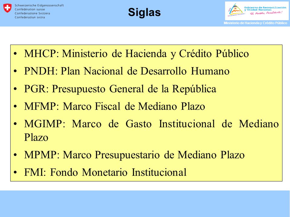 Siglas MHCP: Ministerio de Hacienda y Crédito Público. PNDH: Plan Nacional de Desarrollo Humano. PGR: Presupuesto General de la República.