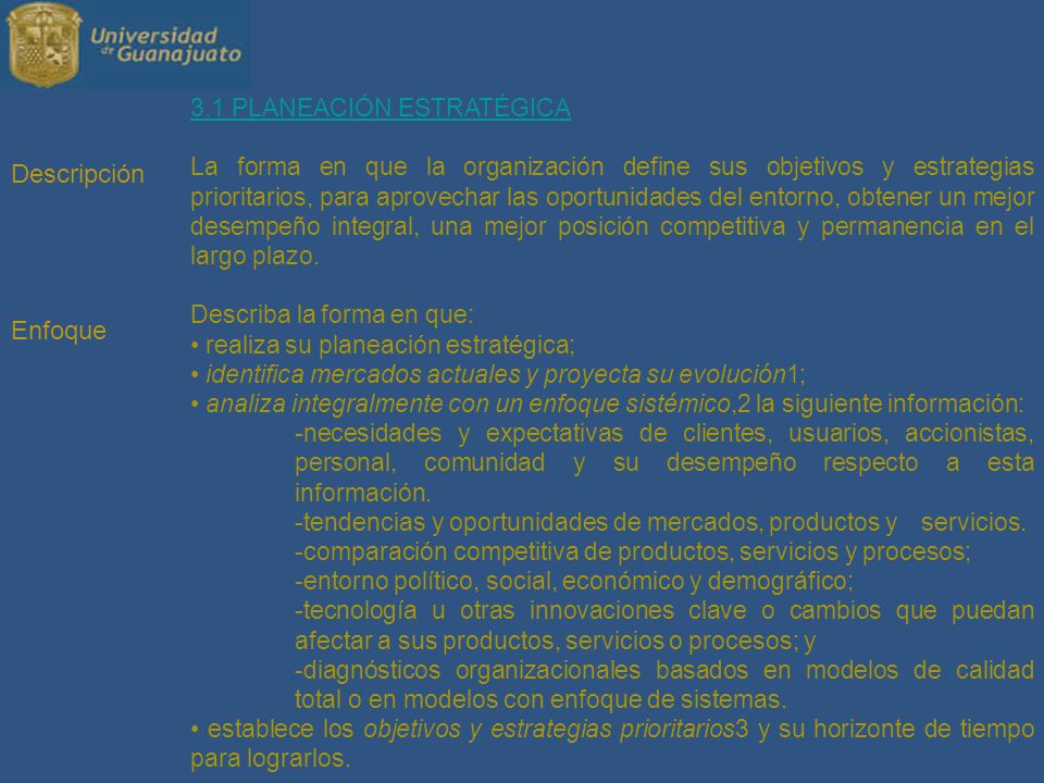 Descripción Enfoque 3.1 PLANEACIÓN ESTRATÉGICA