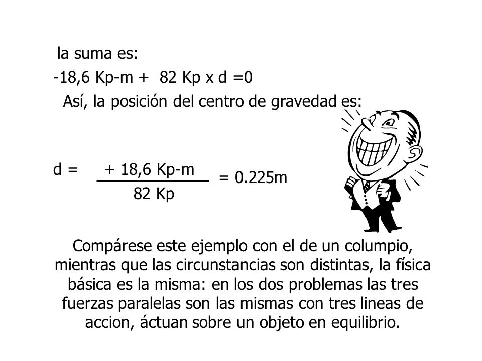 la suma es: -18,6 Kp-m + 82 Kp x d =0. Así, la posición del centro de gravedad es: d = + 18,6 Kp-m.