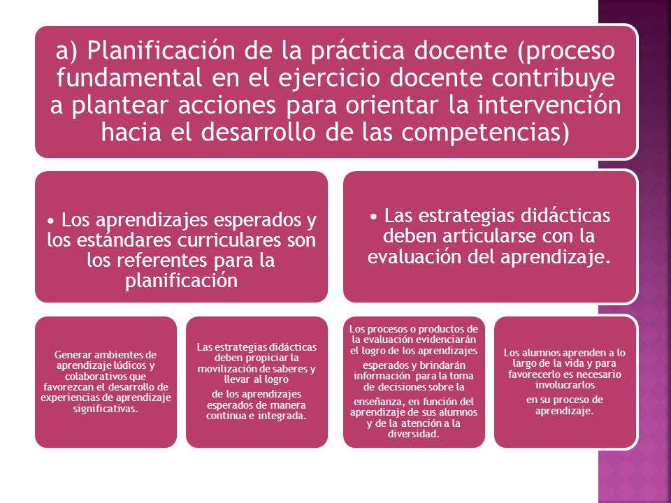 a) Planificación de la práctica docente (proceso fundamental en el ejercicio docente contribuye a plantear acciones para orientar la intervención hacia el desarrollo de las competencias)