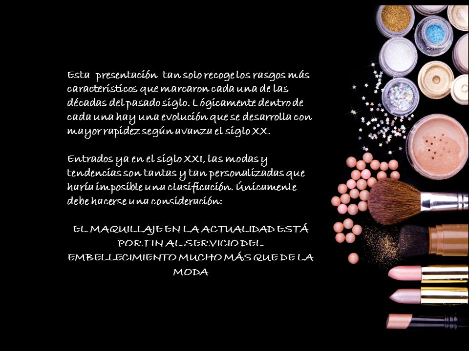 Esta presentación tan solo recoge los rasgos más característicos que marcaron cada una de las décadas del pasado siglo. Lógicamente dentro de cada una hay una evolución que se desarrolla con mayor rapidez según avanza el siglo XX.