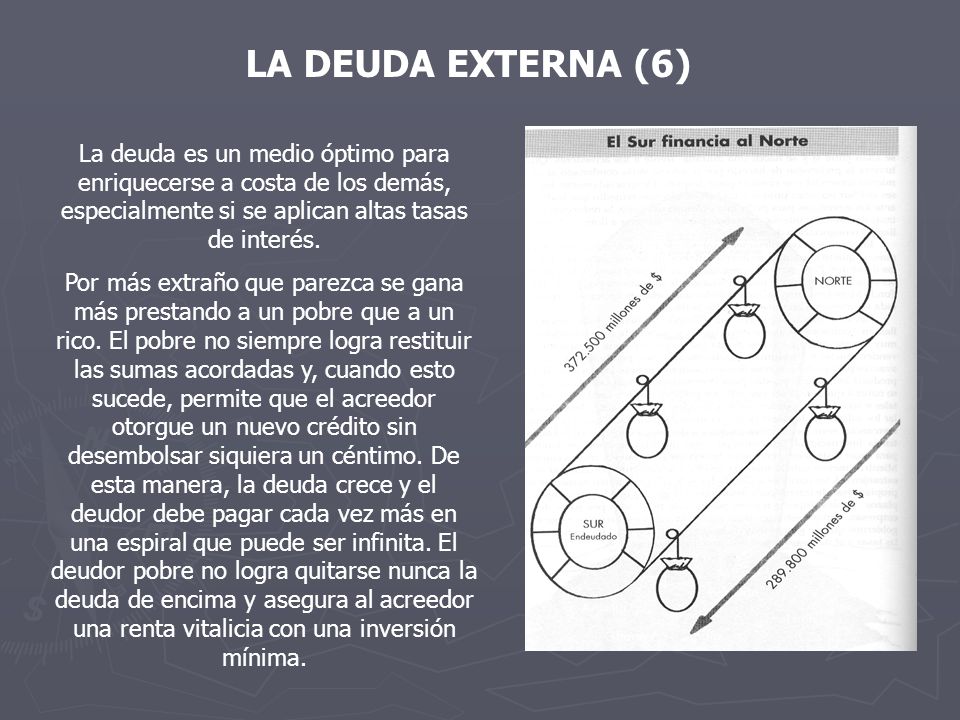 LA DEUDA EXTERNA (6) La deuda es un medio óptimo para enriquecerse a costa de los demás, especialmente si se aplican altas tasas de interés.