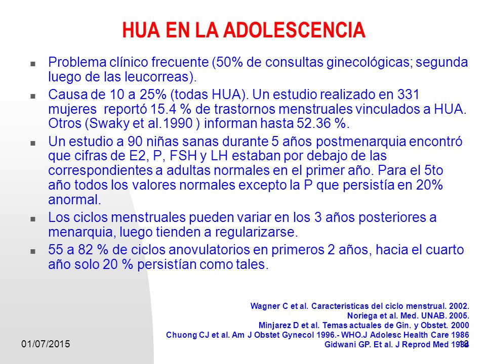 HUA EN LA ADOLESCENCIA Problema clínico frecuente (50% de consultas ginecológicas; segunda luego de las leucorreas).