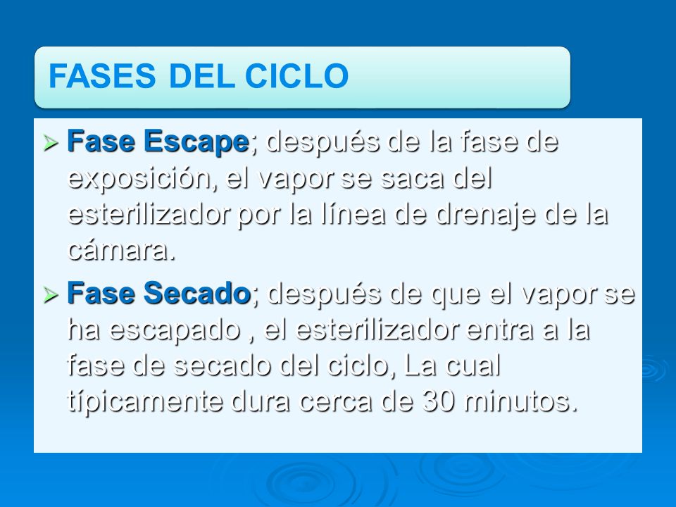 FASES DEL CICLO Fase Escape; después de la fase de exposición, el vapor se saca del esterilizador por la línea de drenaje de la cámara.