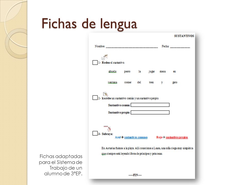 Fichas de lengua Fichas adaptadas para el Sistema de Trabajo de un alumno de 3ºEP.