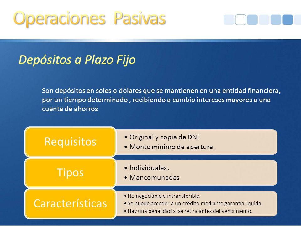 Operaciones Pasivas Depósitos a Plazo Fijo Requisitos Tipos