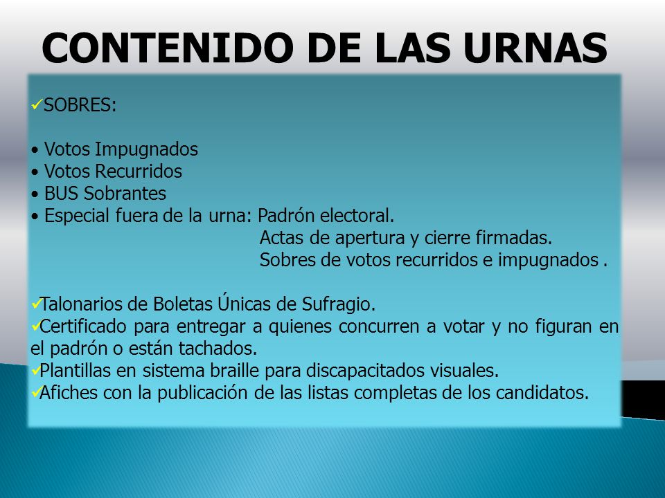 CONTENIDO DE LAS URNAS Votos Impugnados Votos Recurridos BUS Sobrantes