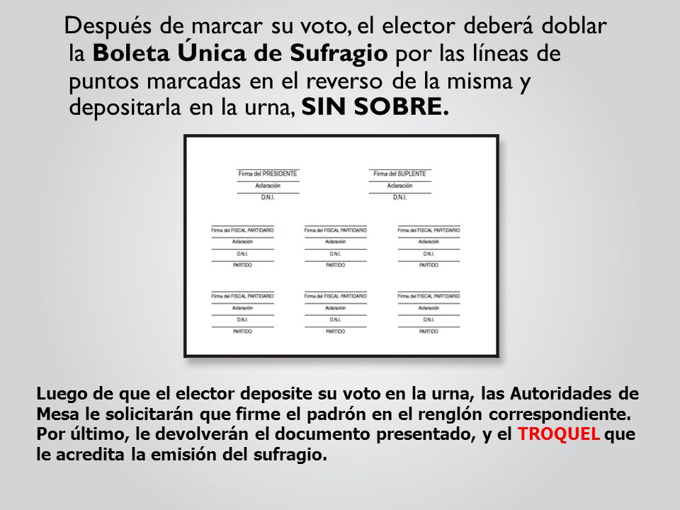 Después de marcar su voto, el elector deberá doblar la Boleta Única de Sufragio por las líneas de puntos marcadas en el reverso de la misma y depositarla en la urna, SIN SOBRE.