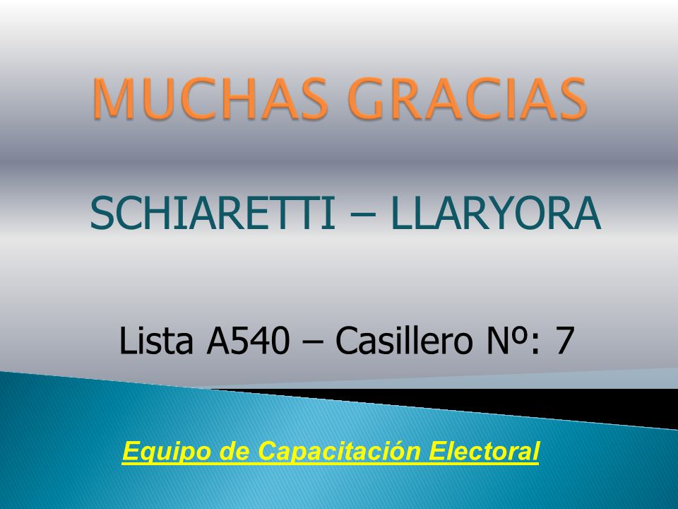 MUCHAS GRACIAS SCHIARETTI – LLARYORA Lista A540 – Casillero Nº: 7