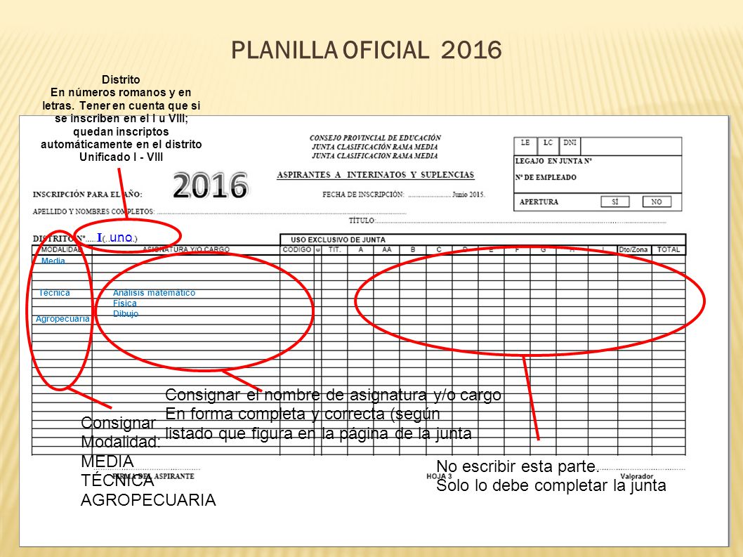 planilla oficial 2016 Consignar el nombre de asignatura y/o cargo