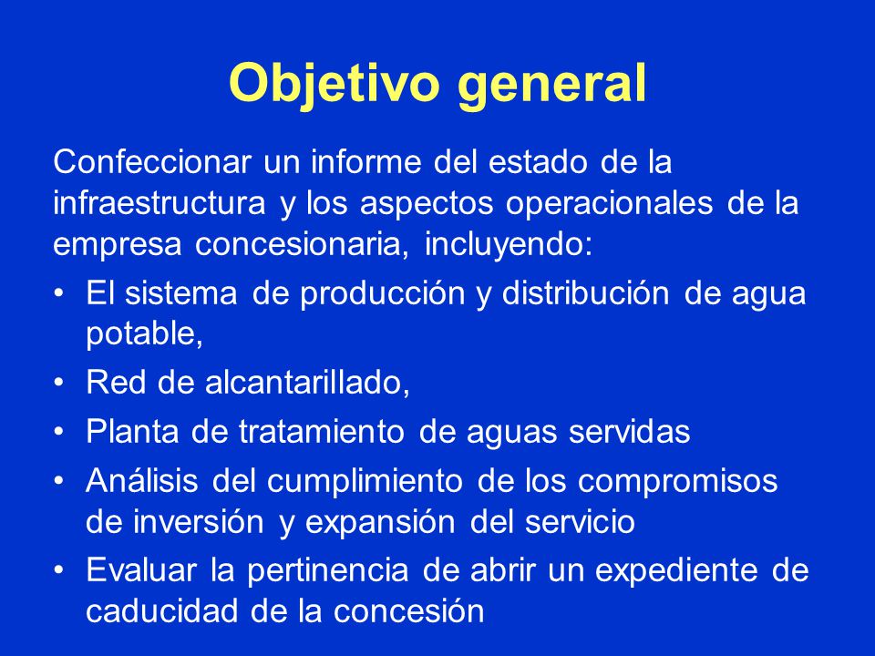 Objetivo general Confeccionar un informe del estado de la infraestructura y los aspectos operacionales de la empresa concesionaria, incluyendo:
