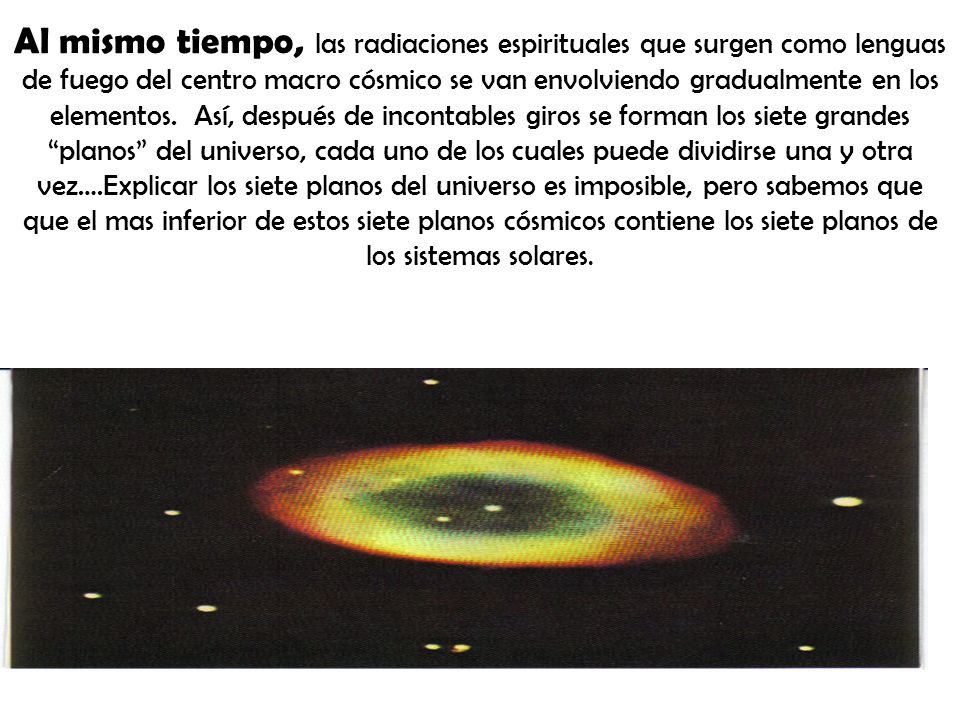 Al mismo tiempo, las radiaciones espirituales que surgen como lenguas de fuego del centro macro cósmico se van envolviendo gradualmente en los elementos.