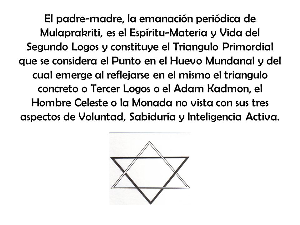 El padre-madre, la emanación periódica de Mulaprakriti, es el Espíritu-Materia y Vida del Segundo Logos y constituye el Triangulo Primordial que se considera el Punto en el Huevo Mundanal y del cual emerge al reflejarse en el mismo el triangulo concreto o Tercer Logos o el Adam Kadmon, el Hombre Celeste o la Monada no vista con sus tres aspectos de Voluntad, Sabiduría y Inteligencia Activa.