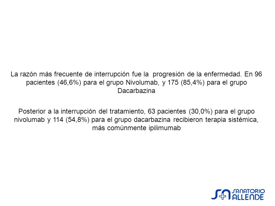 La razón más frecuente de interrupción fue la progresión de la enfermedad. En 96 pacientes (46,6%) para el grupo Nivolumab, y 175 (85,4%) para el grupo Dacarbazina