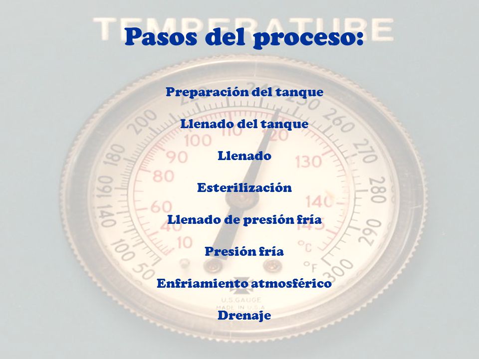 Pasos del proceso: Preparación del tanque Llenado del tanque Llenado Esterilización Llenado de presión fría Presión fría Enfriamiento atmosférico Drenaje