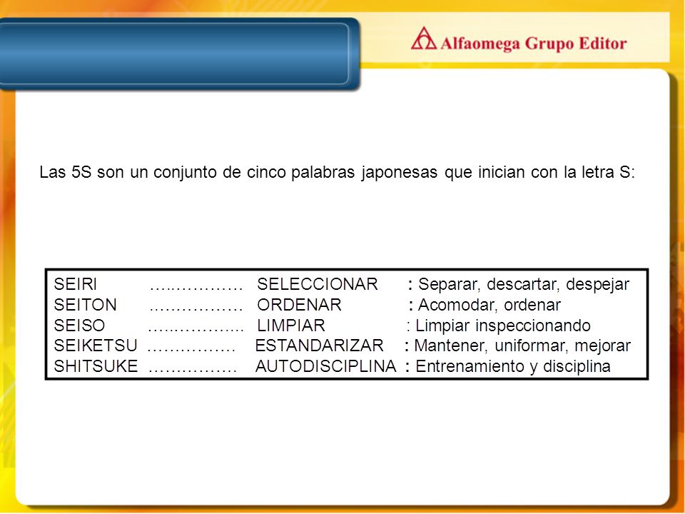 Las 5S son un conjunto de cinco palabras japonesas que inician con la letra S: