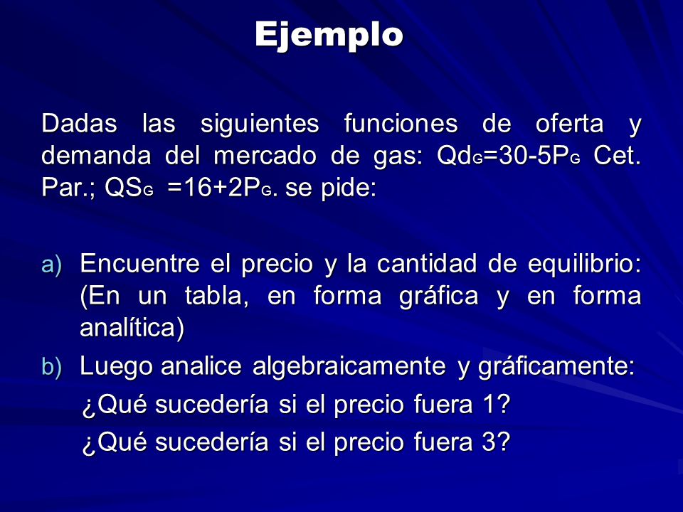 Ejemplo Dadas las siguientes funciones de oferta y demanda del mercado de gas: QdG=30-5PG Cet. Par.; QSG =16+2PG. se pide: