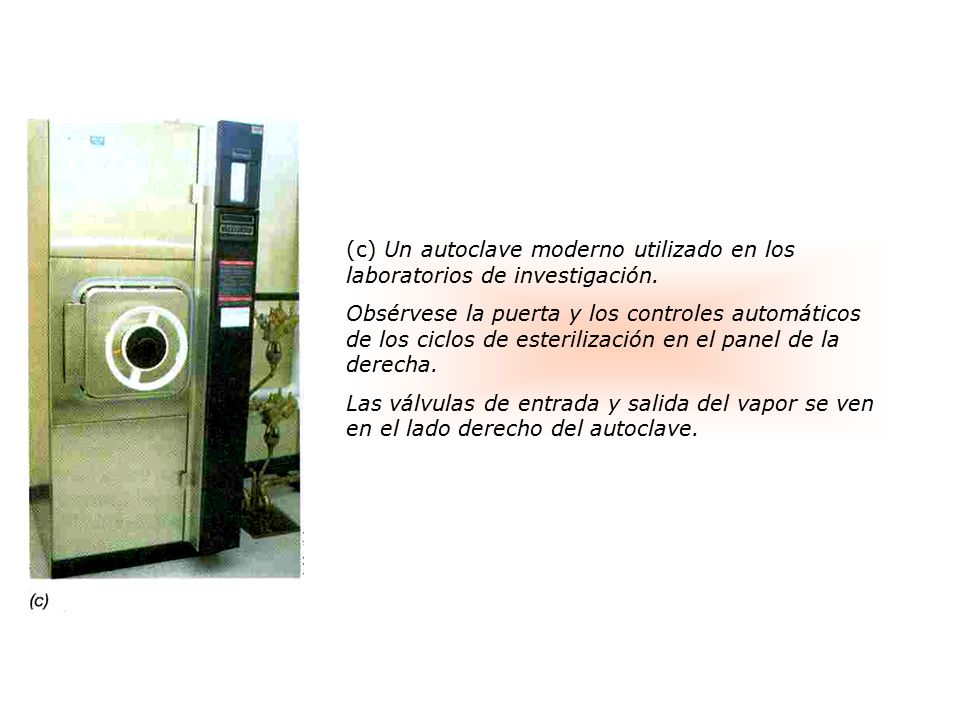 (c) Un autoclave moderno utilizado en los laboratorios de investigación.
