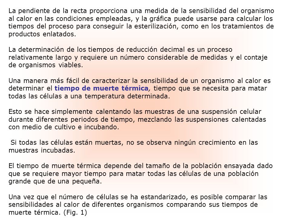 La pendiente de la recta proporciona una medida de la sensibilidad del organismo al calor en las condiciones empleadas, y la gráfica puede usarse para calcular los tiempos del proceso para conseguir la esterilización, como en los tratamientos de productos enlatados.