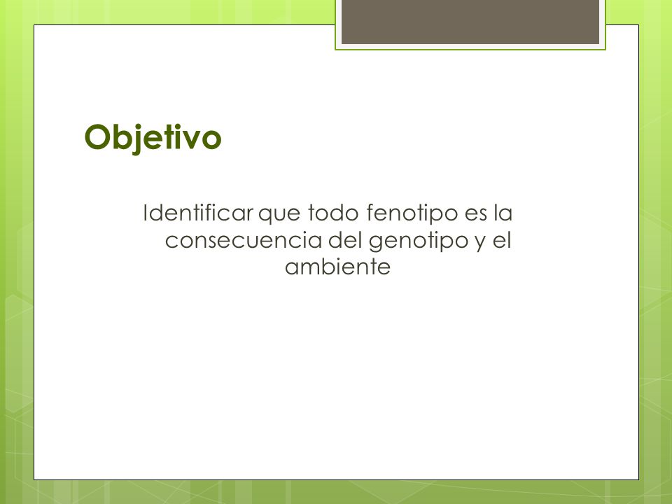 Objetivo Identificar que todo fenotipo es la consecuencia del genotipo y el ambiente