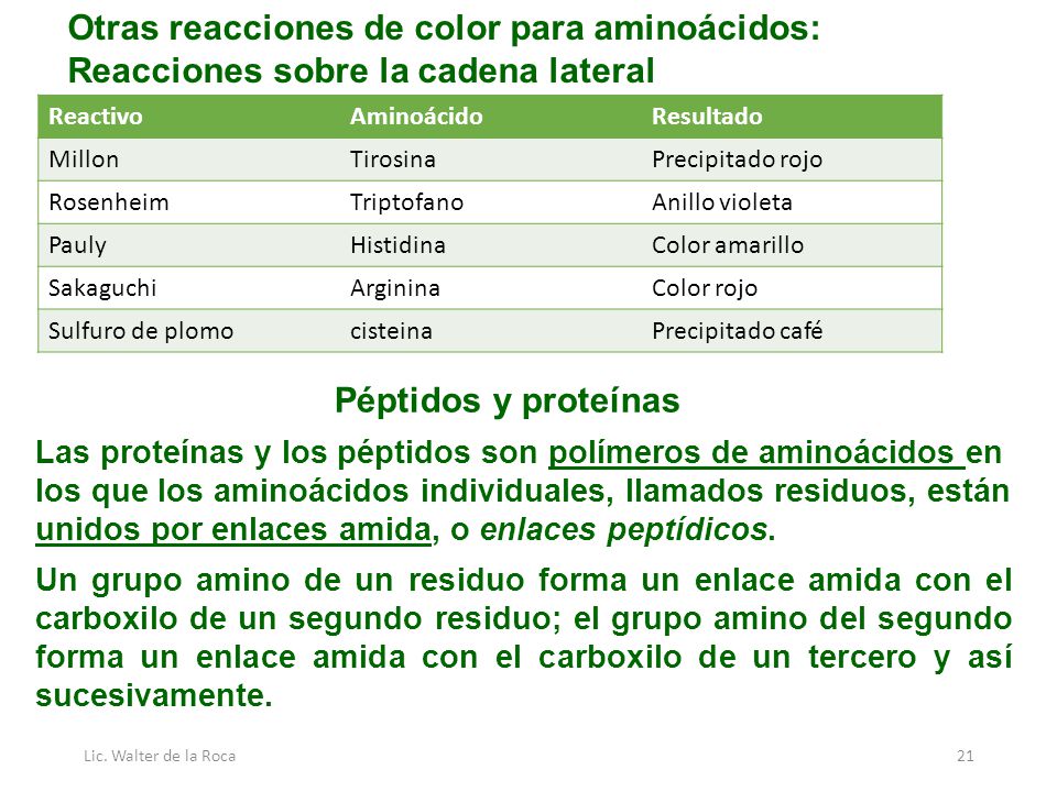 Otras reacciones de color para aminoácidos: Reacciones sobre la cadena lateral