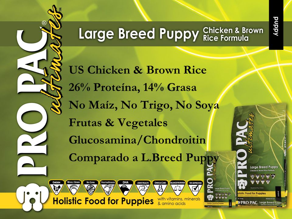 US Chicken & Brown Rice 26% Proteína, 14% Grasa No Maíz, No Trigo, No Soya Frutas & Vegetales Glucosamina/Chondroitin Comparado a L.Breed Puppy