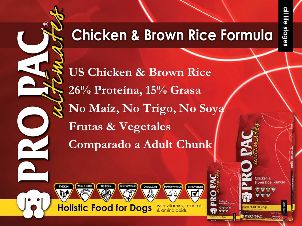 US Chicken & Brown Rice 26% Proteína, 15% Grasa No Maíz, No Trigo, No Soya Frutas & Vegetales Comparado a Adult Chunk