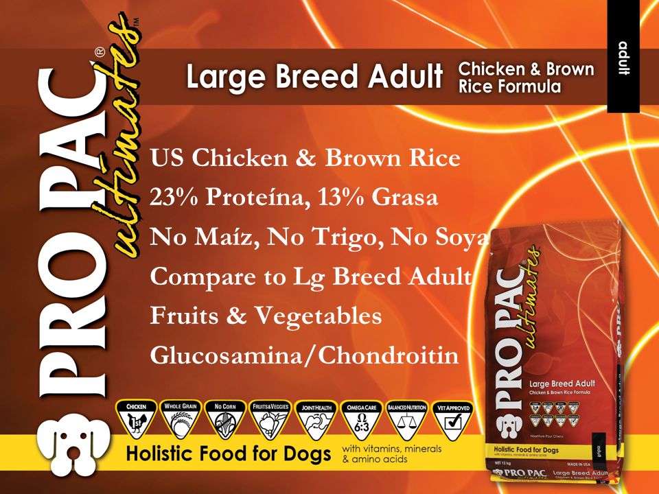 US Chicken & Brown Rice 23% Proteína, 13% Grasa No Maíz, No Trigo, No Soya Compare to Lg Breed Adult Fruits & Vegetables Glucosamina/Chondroitin