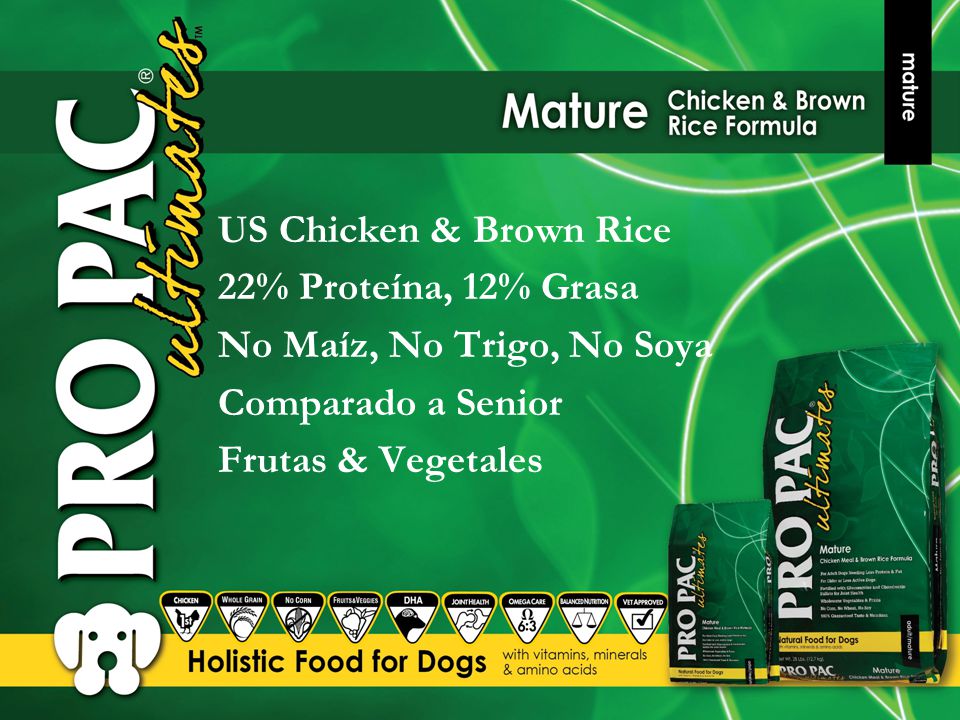 US Chicken & Brown Rice 22% Proteína, 12% Grasa No Maíz, No Trigo, No Soya Comparado a Senior Frutas & Vegetales