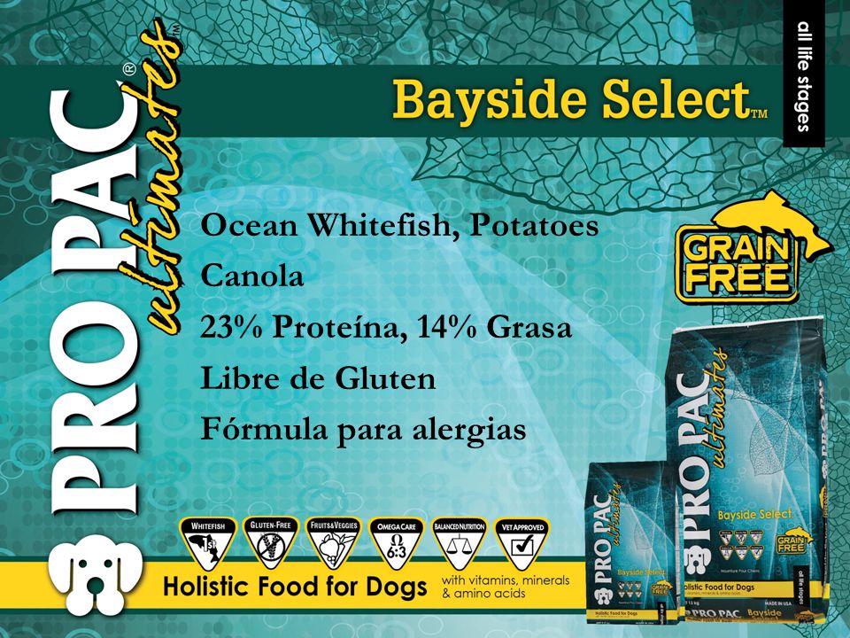 Ocean Whitefish, Potatoes Canola 23% Proteína, 14% Grasa Libre de Gluten Fórmula para alergias