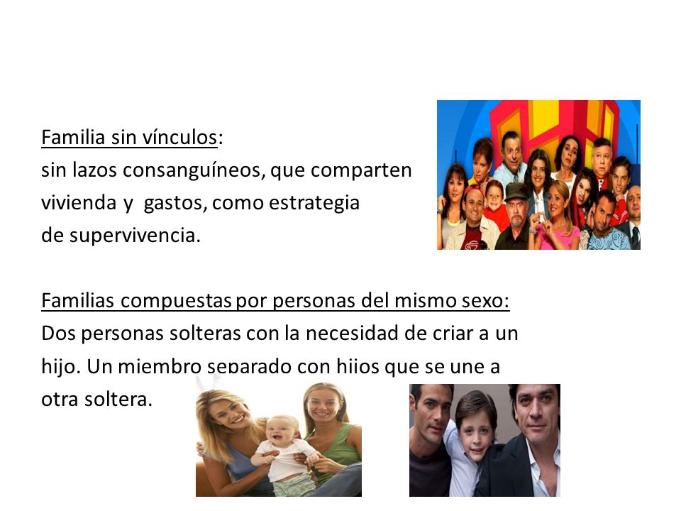 Familia sin vínculos: sin lazos consanguíneos, que comparten. vivienda y gastos, como estrategia.