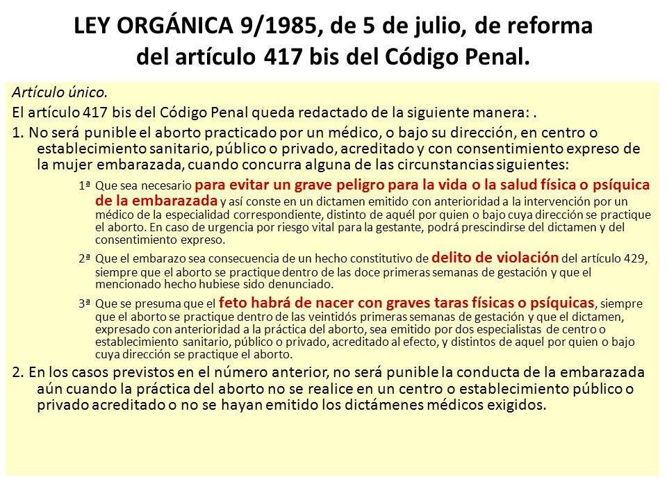 LEY ORGÁNICA 9/1985, de 5 de julio, de reforma del artículo 417 bis del Código Penal.