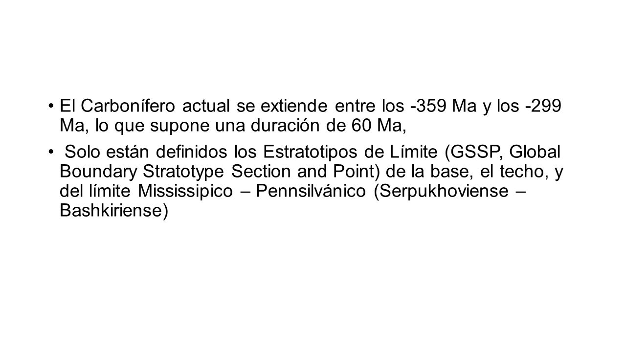El Carbonífero actual se extiende entre los -359 Ma y los -299 Ma, lo que supone una duración de 60 Ma,