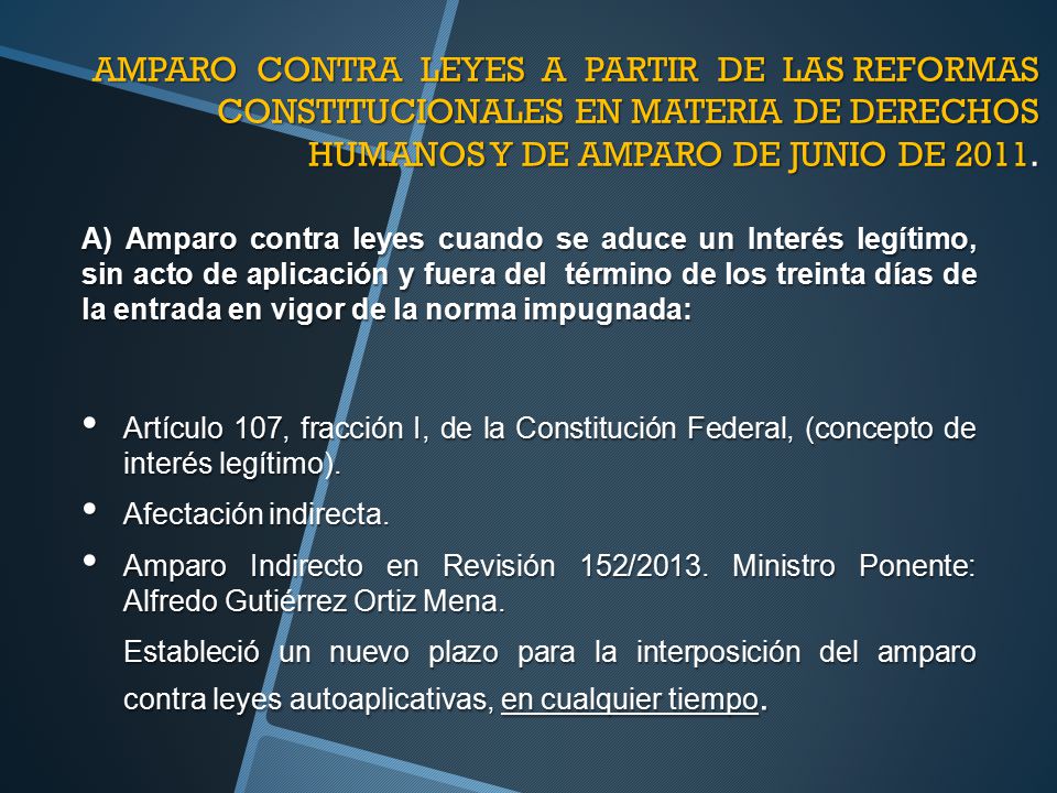 AMPARO CONTRA LEYES A PARTIR DE LAS REFORMAS CONSTITUCIONALES EN MATERIA DE DERECHOS HUMANOS Y DE AMPARO DE JUNIO DE 2011.