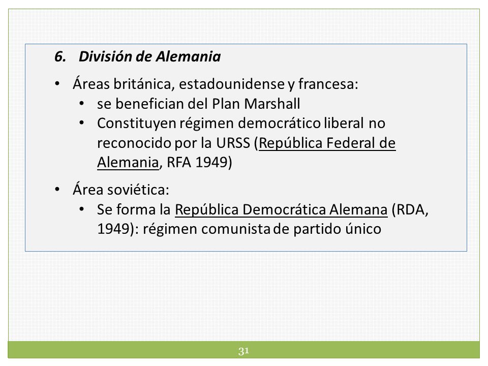 División de Alemania Áreas británica, estadounidense y francesa: se benefician del Plan Marshall.