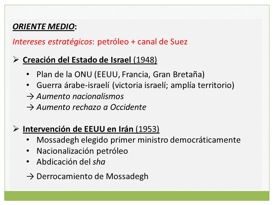 ORIENTE MEDIO: Intereses estratégicos: petróleo + canal de Suez. Creación del Estado de Israel (1948)