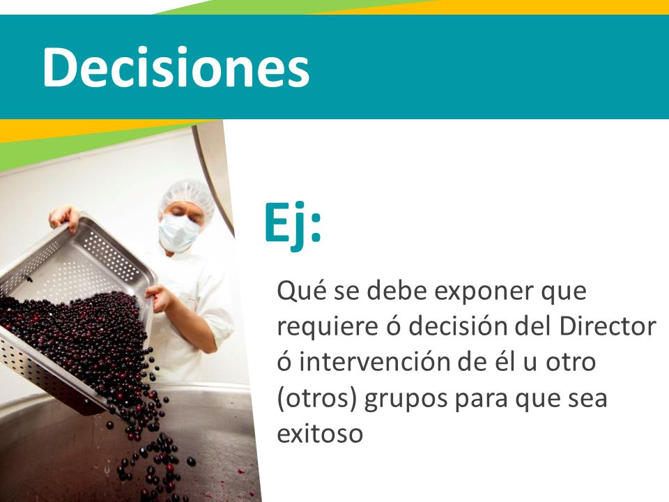 Decisiones Ej: Qué se debe exponer que requiere ó decisión del Director ó intervención de él u otro (otros) grupos para que sea exitoso.