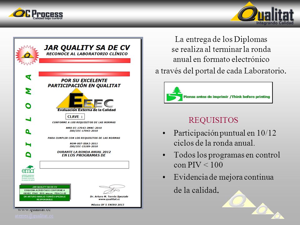 REQUISITOS La entrega de los Diplomas se realiza al terminar la ronda