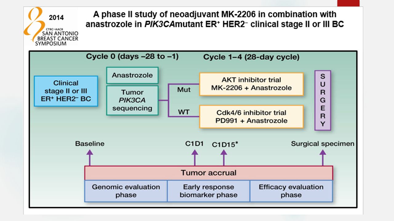This is another interesting trial in the neoadjuvant setting: Patients with clinical stage 2 or 3 ER+ HER2− breast cancer (BC) are biopsied at baseline for genomic evaluation (genomic evaluation phase).