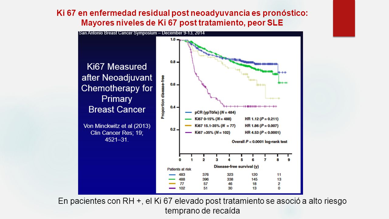 Ki 67 en enfermedad residual post neoadyuvancia es pronóstico: Mayores niveles de Ki 67 post tratamiento, peor SLE