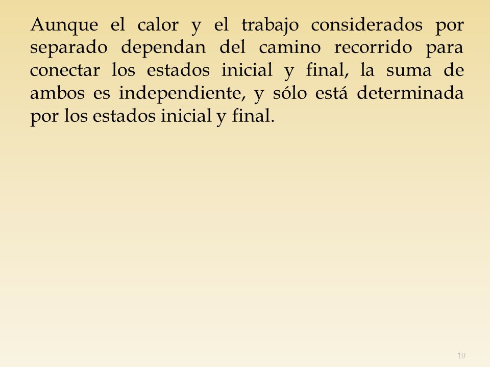 Aunque el calor y el trabajo considerados por separado dependan del camino recorrido para conectar los estados inicial y final, la suma de ambos es independiente, y sólo está determinada por los estados inicial y final.