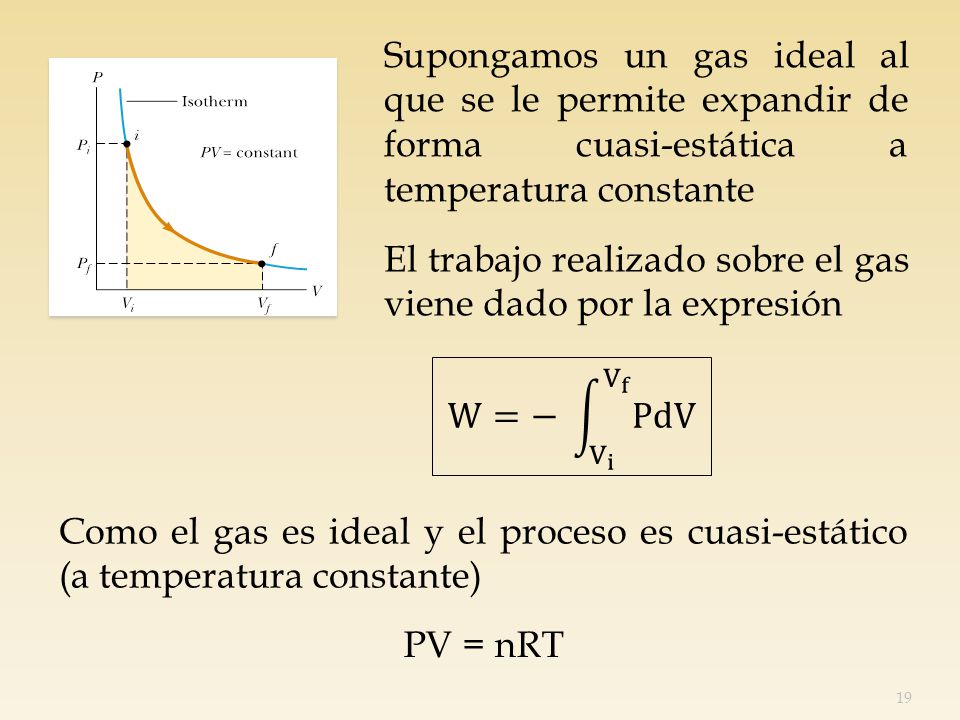 Supongamos un gas ideal al que se le permite expandir de forma cuasi-estática a temperatura constante